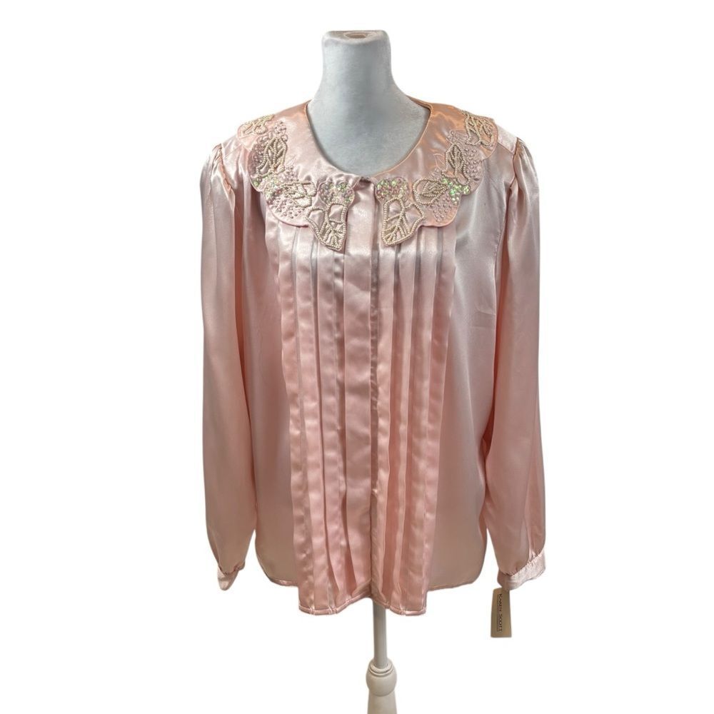 Vintage Brand new with Tags Karen Scott Bib Collar Pink Satin Blouse Size 38